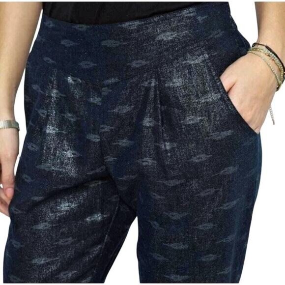 FREE PEOPLE Ikat Linen Blend Pull On Pants Sz XS Metallic Navy Blue - Picture 2 of 6